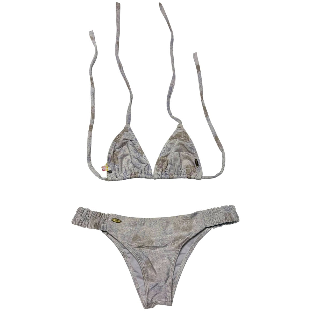 Indah Printed White Beige Triangle Bikini Top Bikini & Bikini Bottom Set