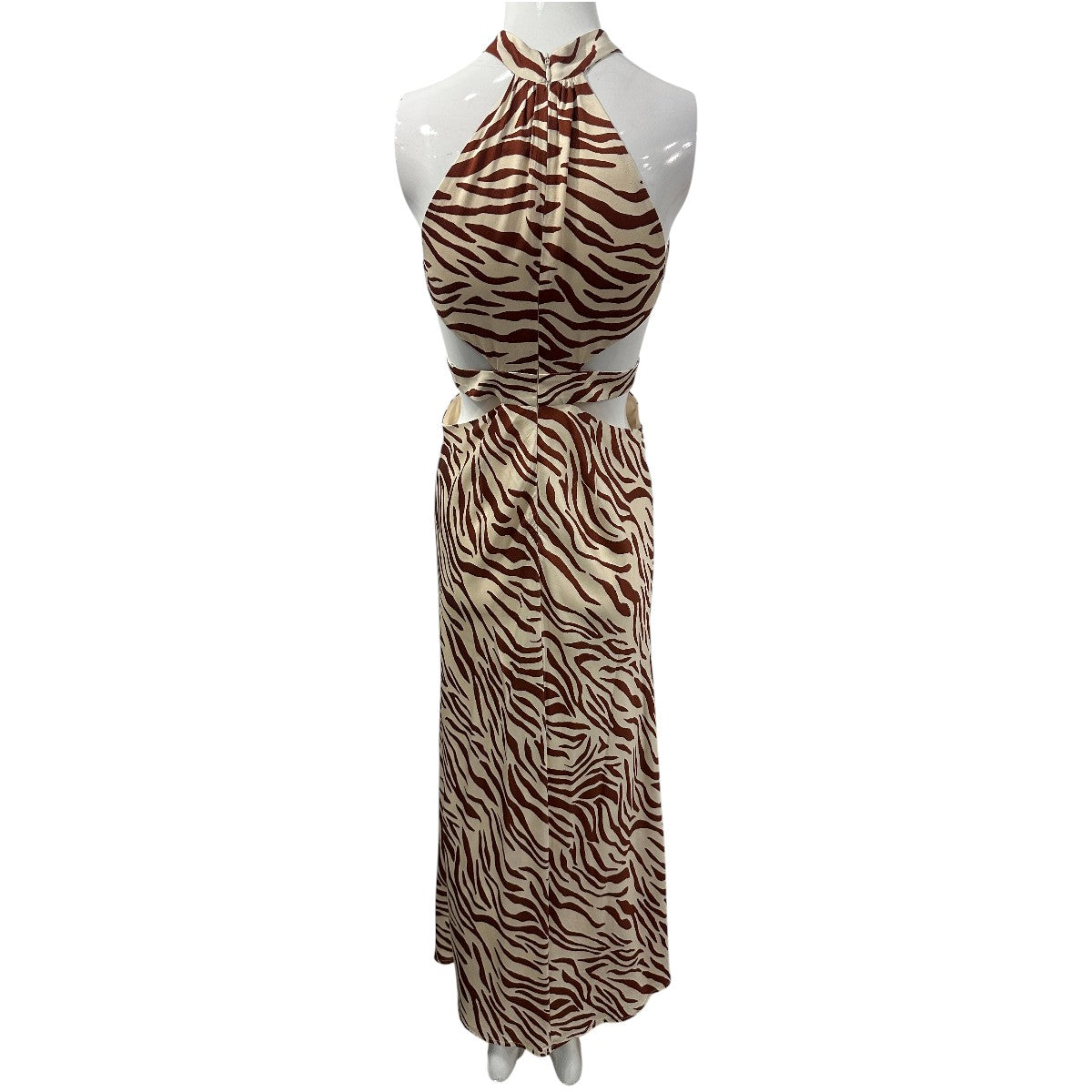 Auteur Brown Beige Silk Cut Out Zebra Animal Print Halter Maxi Dress