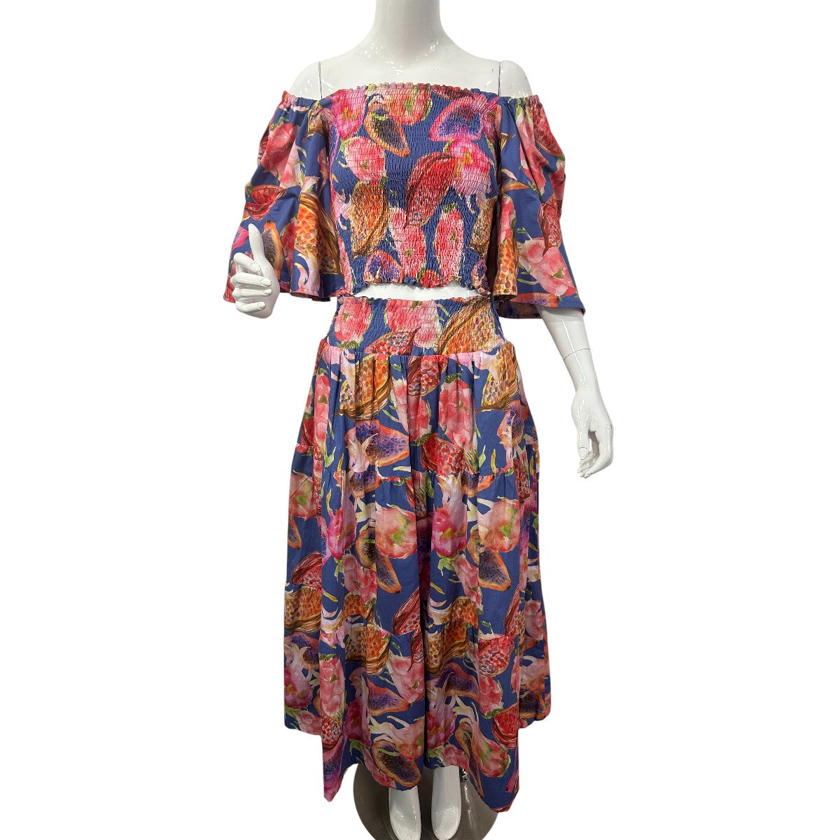 Florencia Davalos Cotton Allegra Ruched Top Reversible Skirt Set Fruit Pattern