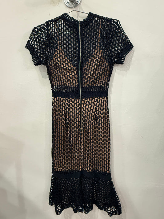 Industry Lace Mesh Layered Mock Neck Short Sleeve Midi Dress Black Women's