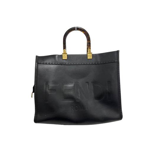 Fendi Calfskin Leather Logo Medium Sunshine Shopper Tote Bag Black