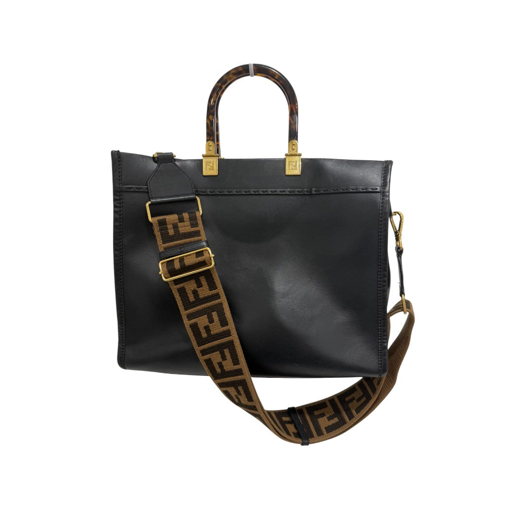 Fendi Calfskin Leather Logo Medium Sunshine Shopper Tote Bag Black