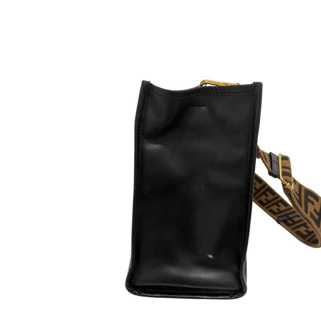 Fendi Calfskin Leather Logo Medium Sunshine Shopper Tote Bag Black