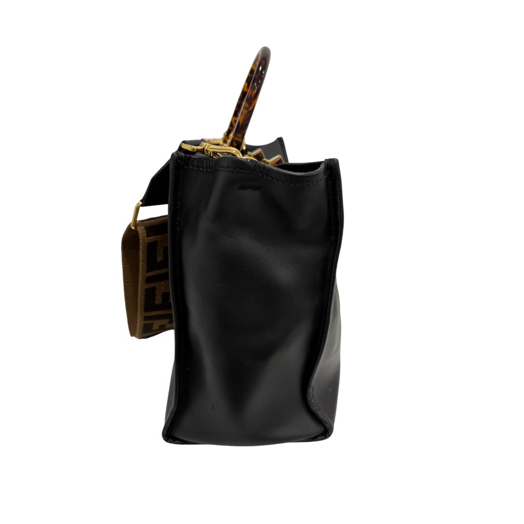 Fendi Calfskin Leather Logo Medium Sunshine Shopper Tote Bag Black