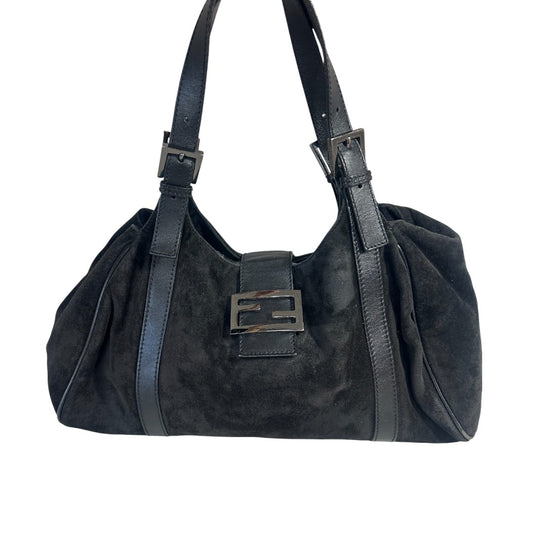 Rare Fendi Suede FF Logo Accent Belted Shoulder Bag Black