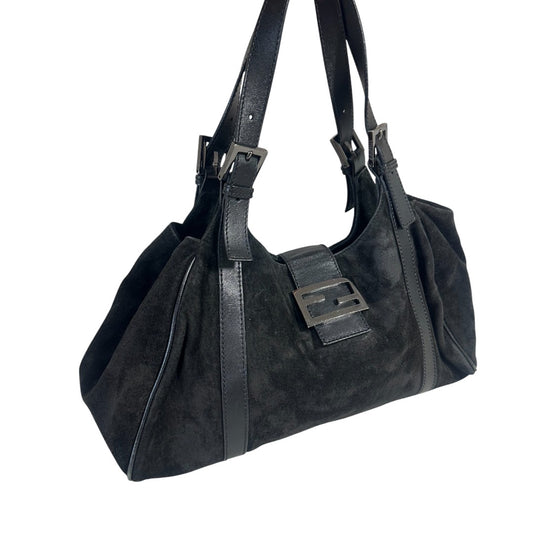 Rare Fendi Suede FF Logo Accent Belted Shoulder Bag Black