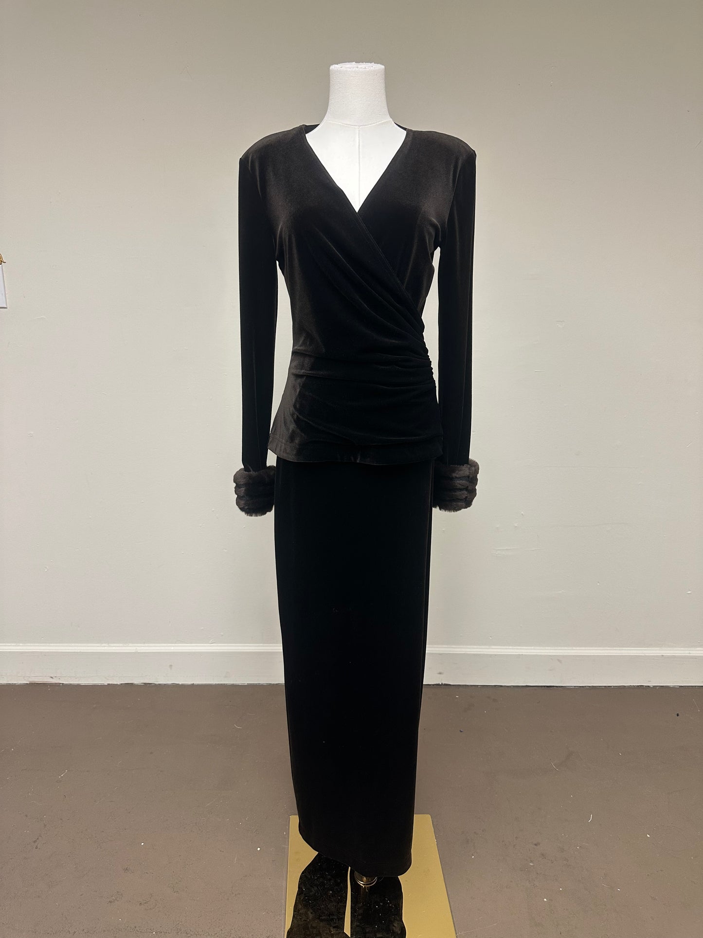 Vtg Lillie Rubin Velvet Fur Cuff Long Sleeve Peplum Maxi Dress Brown Size M
