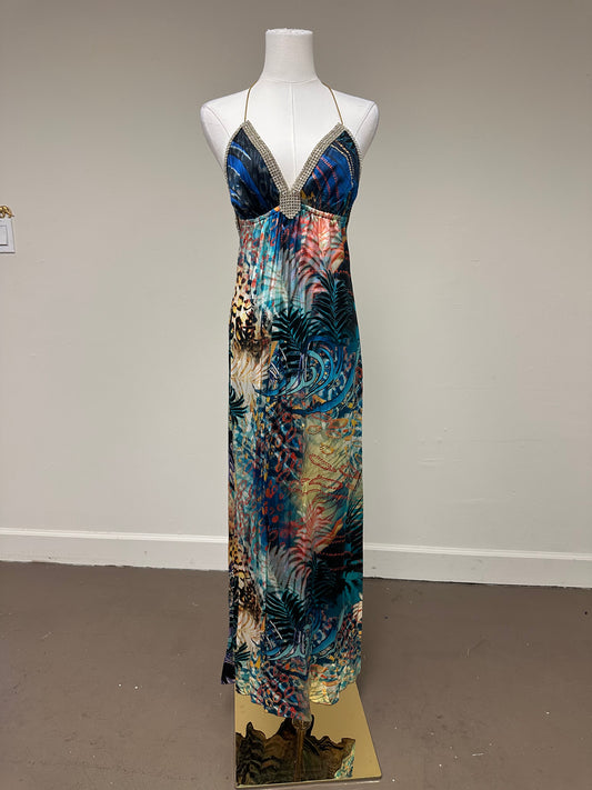 Baccio Couture Graphic Print Studded Halter Maxi Dress Multicolored Size Small