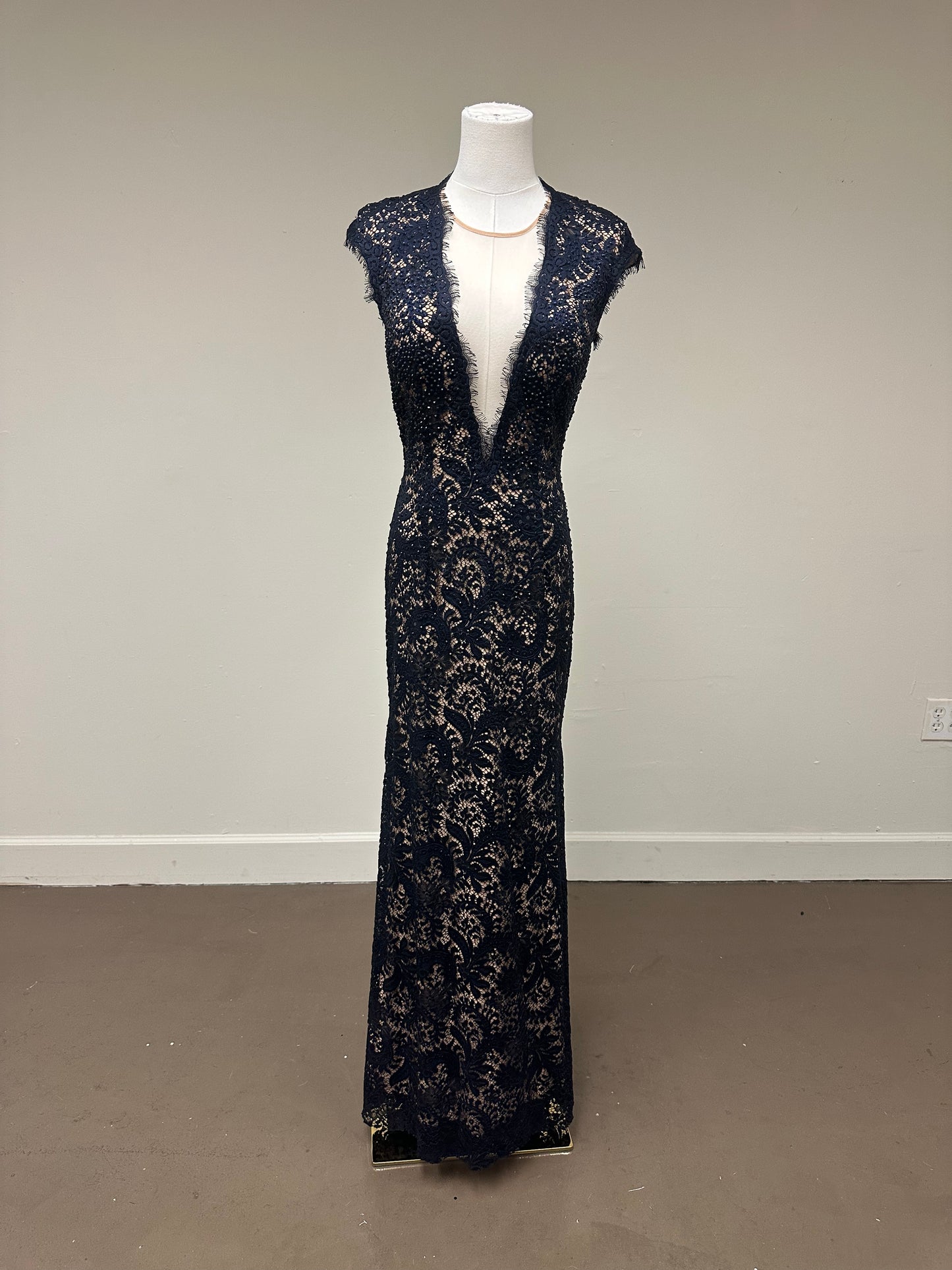 Jovani Lace Beaded Sequin Plunge V Neck Open Back Maxi Dress Navy Blue Size 6