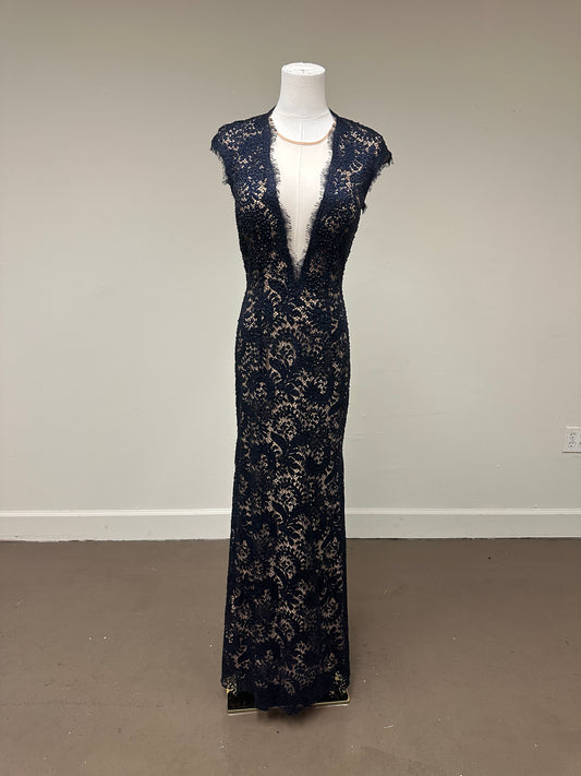 Jovani Lace Beaded Sequin Plunge V Neck Open Back Maxi Dress Navy Blue Size 6