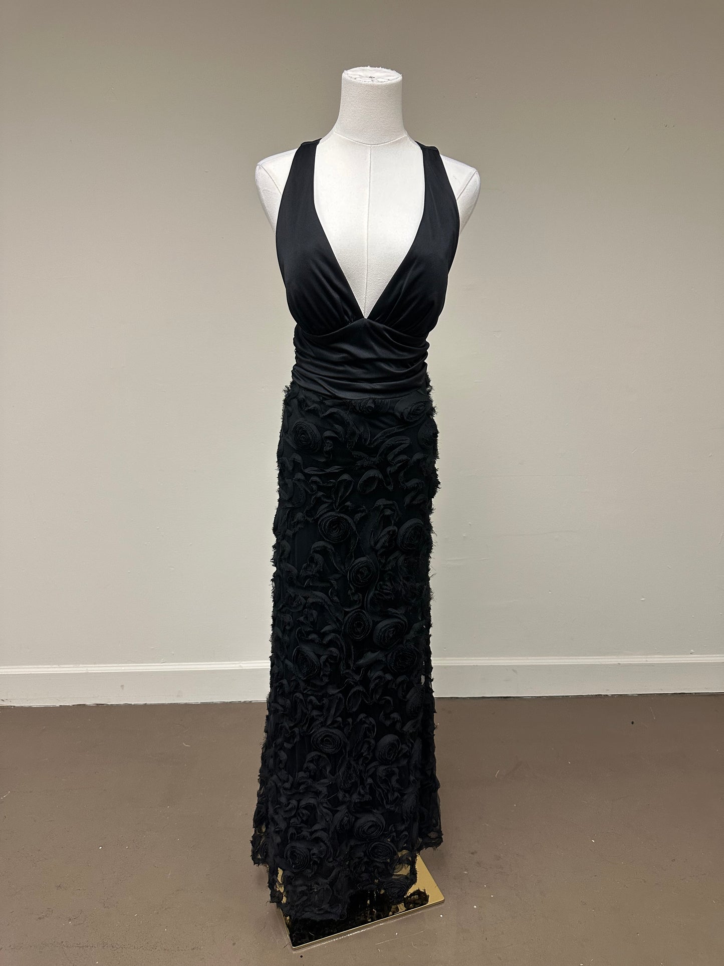 Vtg Rubber Ducky V-Neck Twisted Strap Rosettes Flared Maxi Dress Black Size S