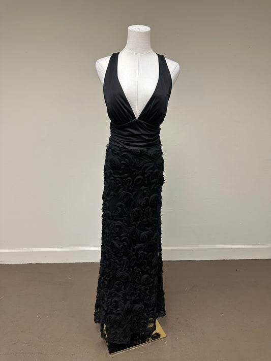 Vtg Rubber Ducky V-Neck Twisted Strap Rosettes Flared Maxi Dress Black Size S