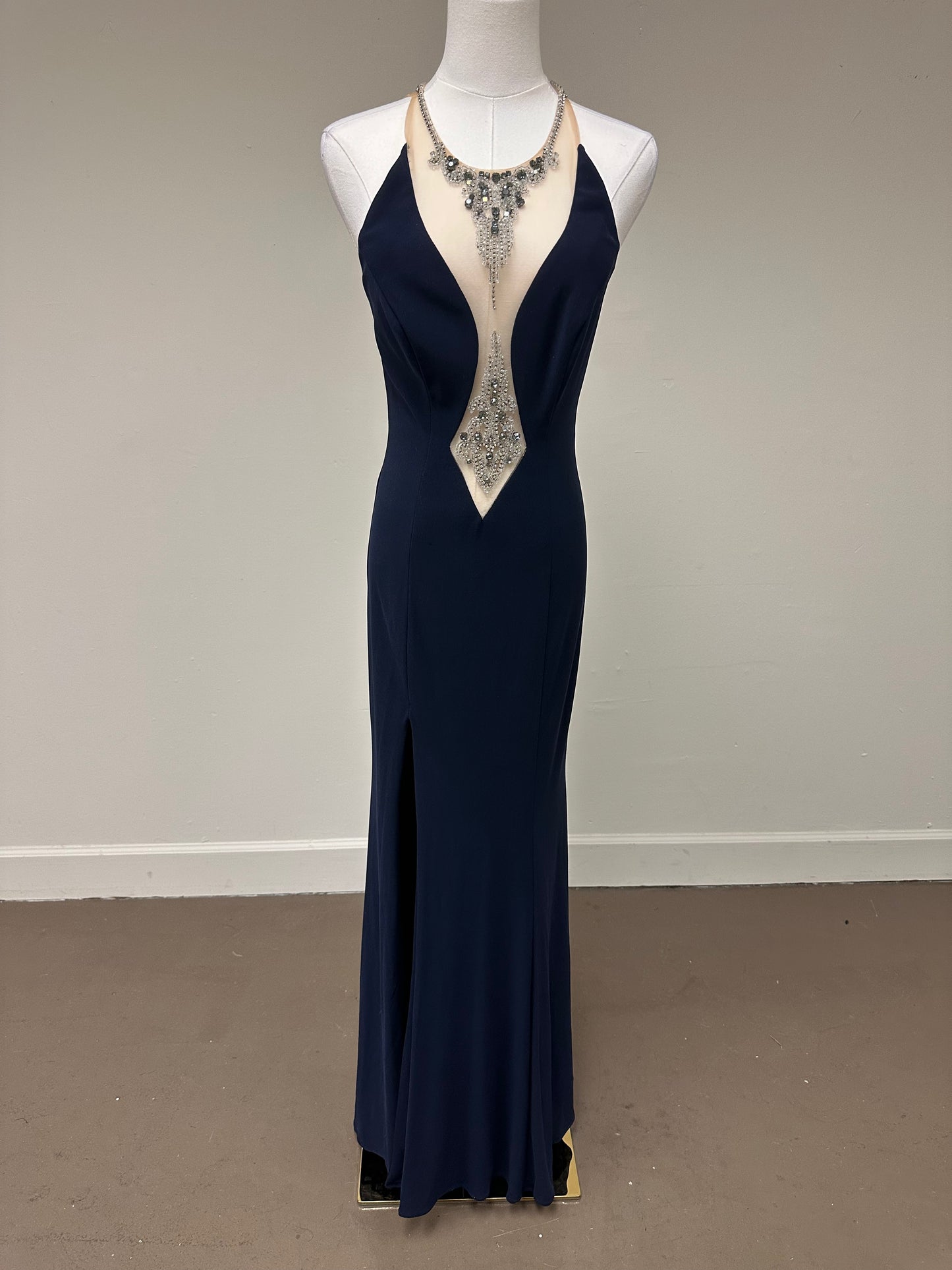 JVN By Jovani Beaded Jeweled Neckline Fitted Sleeveless Maxi Gown Navy Size 4