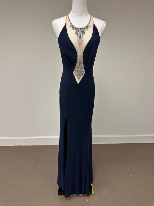 JVN By Jovani Beaded Jeweled Neckline Fitted Sleeveless Maxi Gown Navy Size 4
