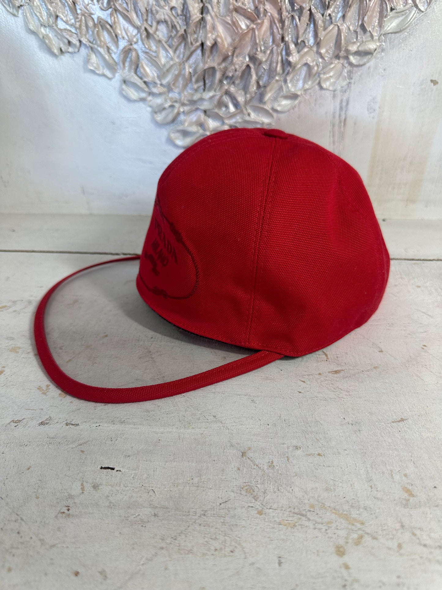 Prada Clear PVC Brim Logo Crest Embroidered Baseball Cap Hat Red Size S