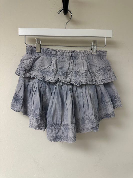LoveShackFancy Cotton Lace Trim Ruffle Tiered Pleated Mini Skirt Gray Size P