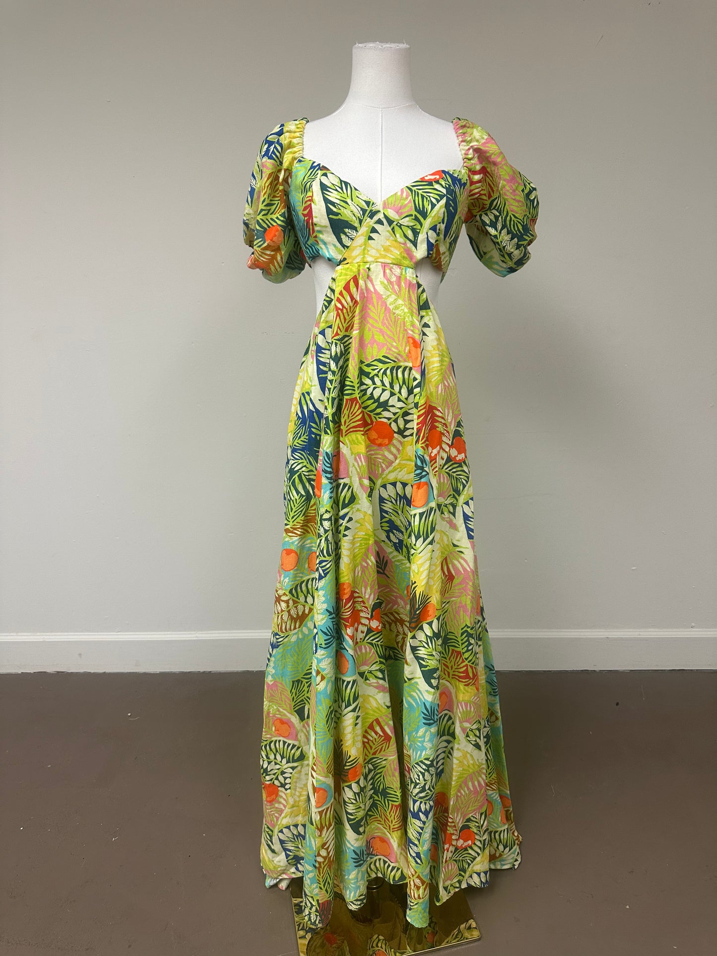 Staud Plant-Motif Coliseum Cut-Out V-Neck Pleated Maxi Dress Capri Tree Size 6