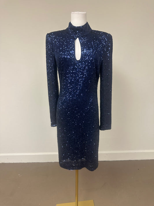 Vince Camuto Sequin Mock Neck Keyhole Sheath Sequin Mini Dress Navy Blue Size 8