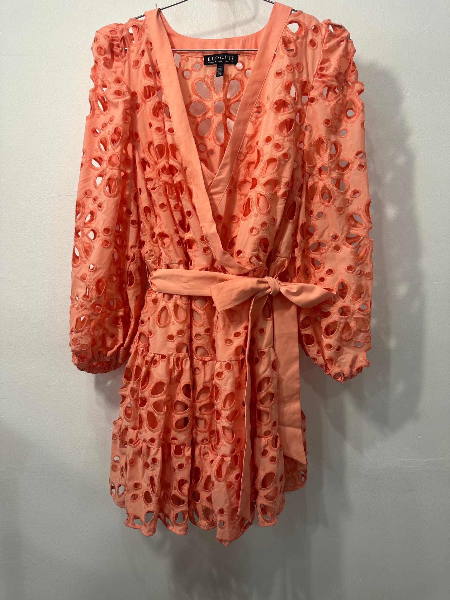 Eloquii Tiered Eyelet Longsleeves Belted Mini Dress Orange Size 16