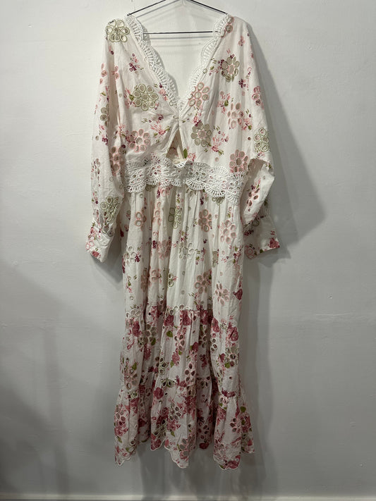 ASOS Edition Curve Eyelet Twist Front Puff Sleeve Floral Midi Dress Size 16