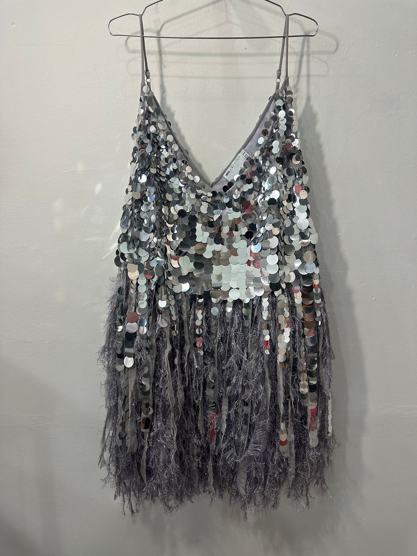 ASOS Edition Curve Paillette Sequin Faux Feather Hem Mini Dress Silver Size 18