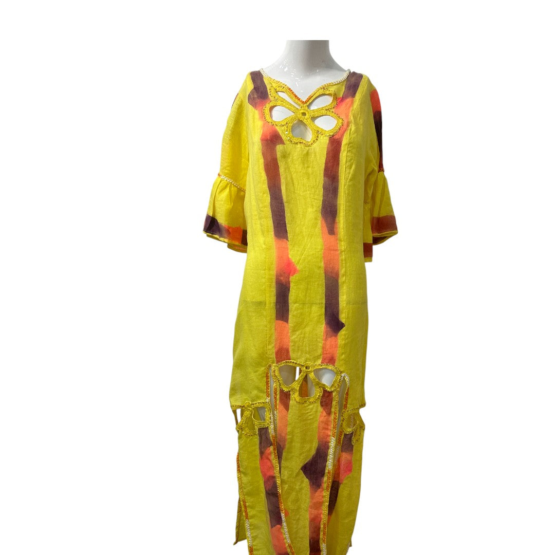 Myriom Annogave A. Yellow Maxi Dress with Tie-Dye Short Ruffled Sleeves