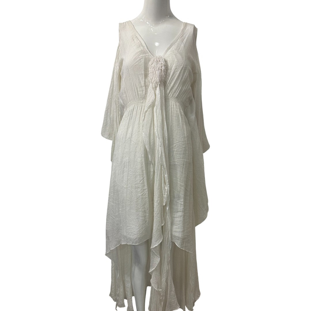 Elsa Cohen White Flowy Maxi Dress with Tiered Layers and V-Neckline