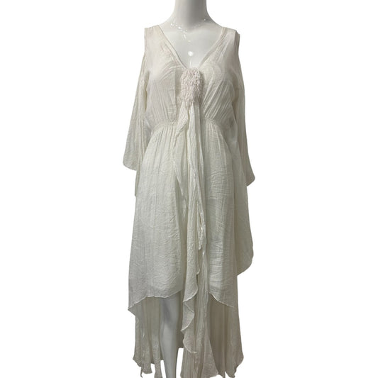 Elsa Cohen White Flowy Maxi Dress with Tiered Layers and V-Neckline