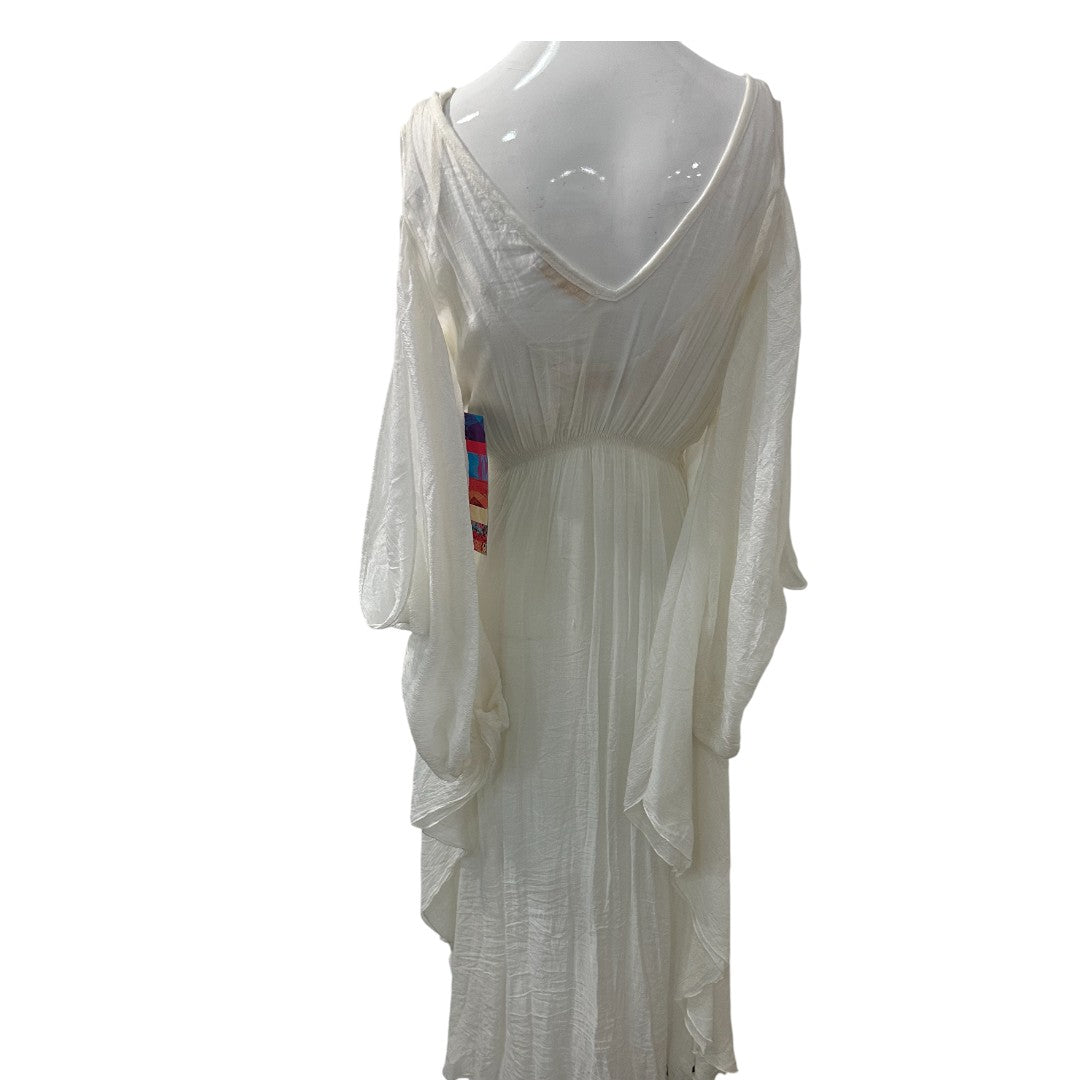 Elsa Cohen White Flowy Maxi Dress with Tiered Layers and V-Neckline