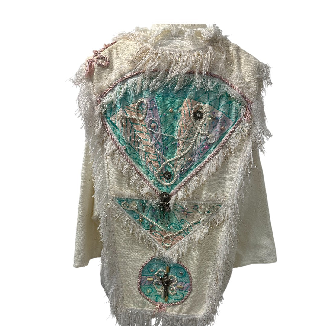 Crystal Open-Front Jacket Cotton Blend Multi-Colored Fabric Patches