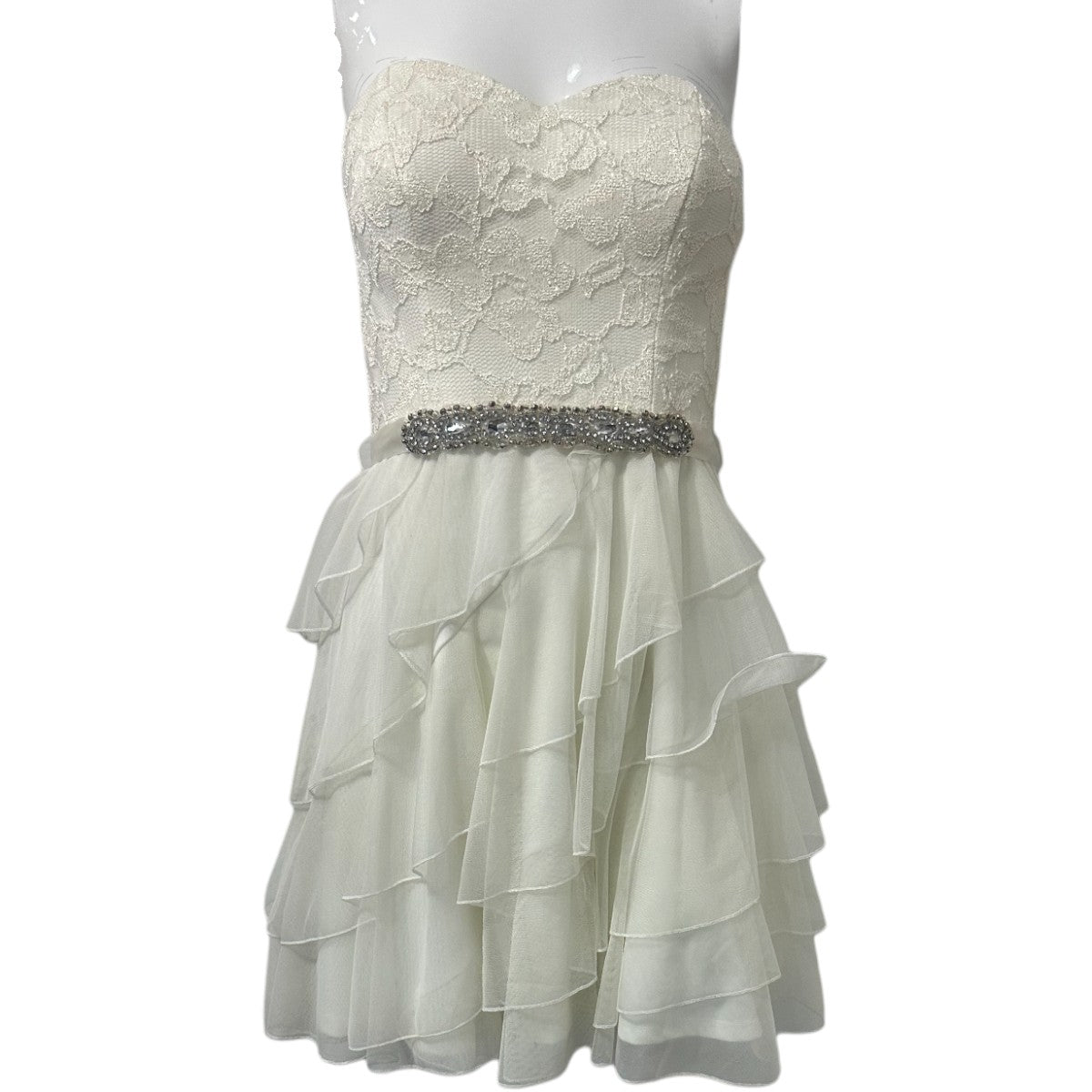 Love Reign White Lace Embroidered Rhinestone Studded Ruffle Tiered Dress