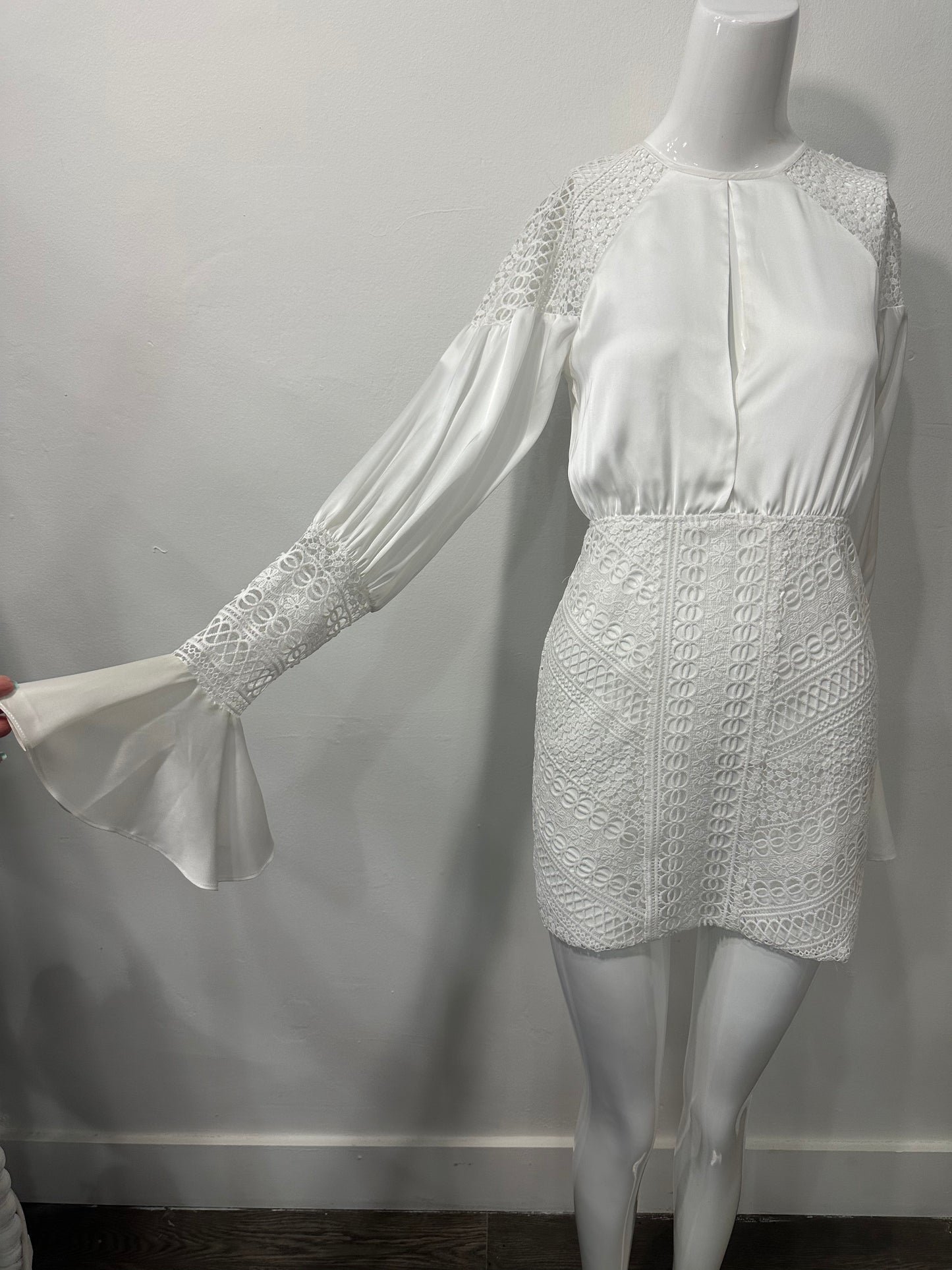 Michael Costello x Revolve Satin Lace Trim Long Sleeve Shandy Mini Dress Size XS