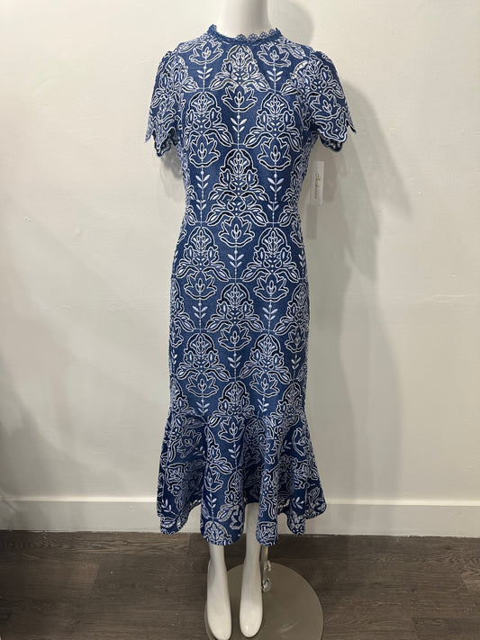NWT Shoshanna Darcy Two-tone Lace Mermaid Midi Dress Denim Women's Size 2
