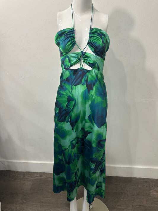 RUNAWAY Blossom Floral Print Halter Neck Midi Dress Green Calista Size XS