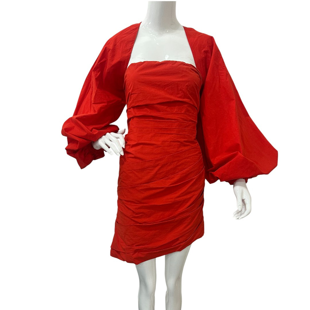 Johanna Ortiz  Red Strapless Wrap Dress with Removable puff Sleeves