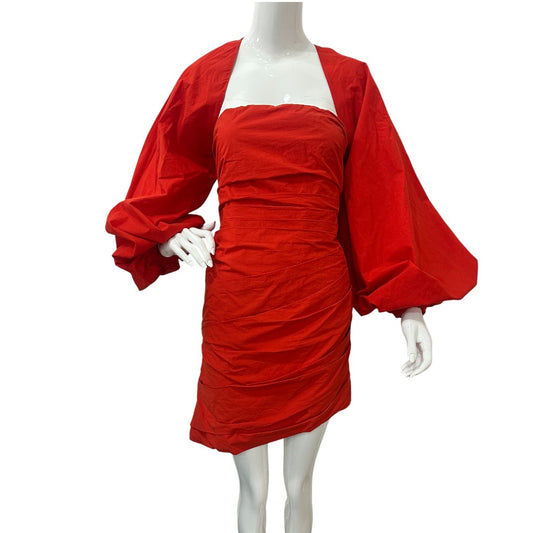 Johanna Ortiz  Red Strapless Wrap Dress with Removable puff Sleeves