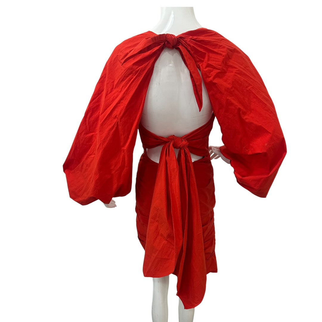 Johanna Ortiz  Red Strapless Wrap Dress with Removable puff Sleeves