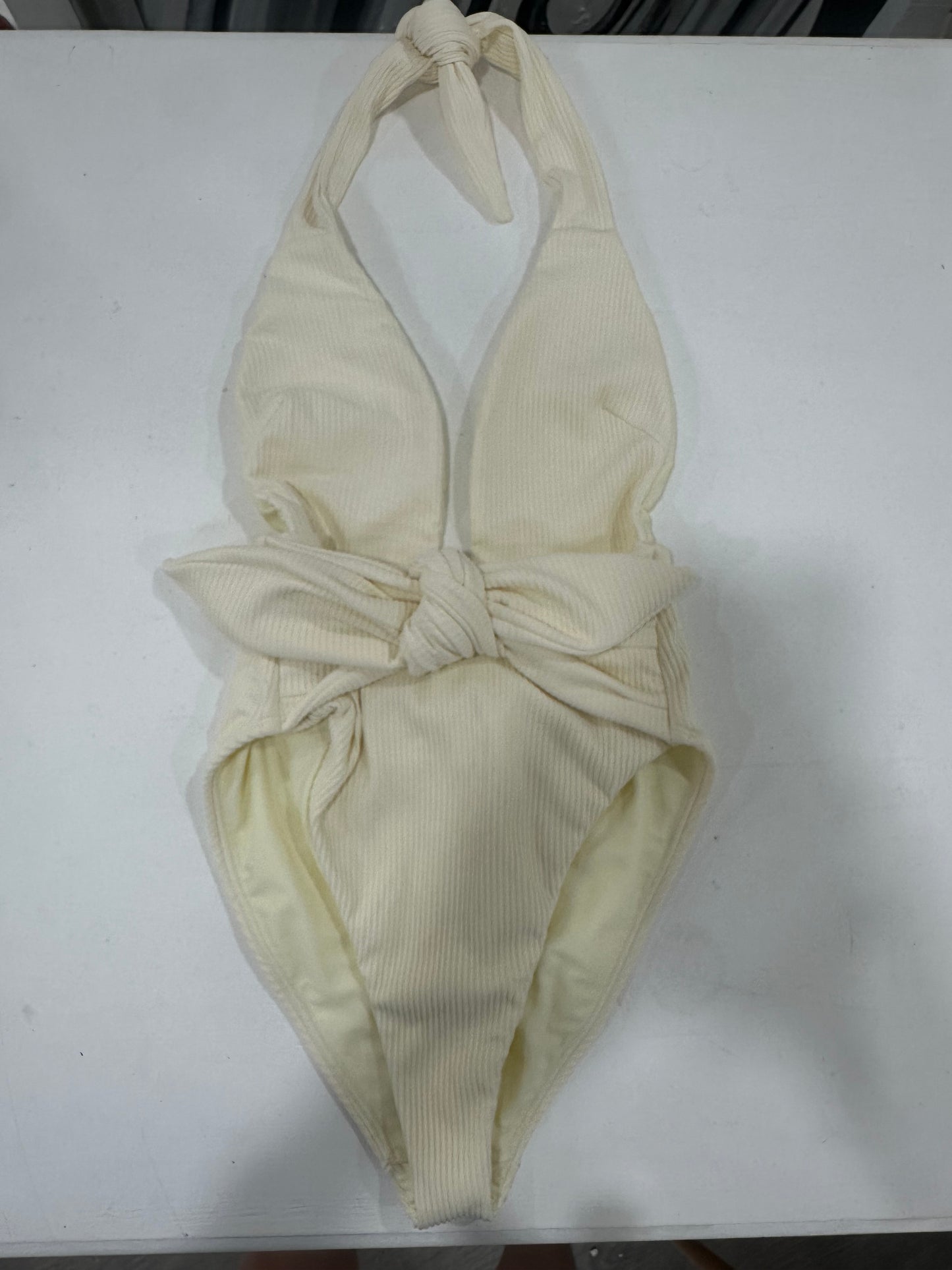 Montce Nylon Blend Tropez Tie-Up Halter Neck One-Piece Cream Rib Women's Size S