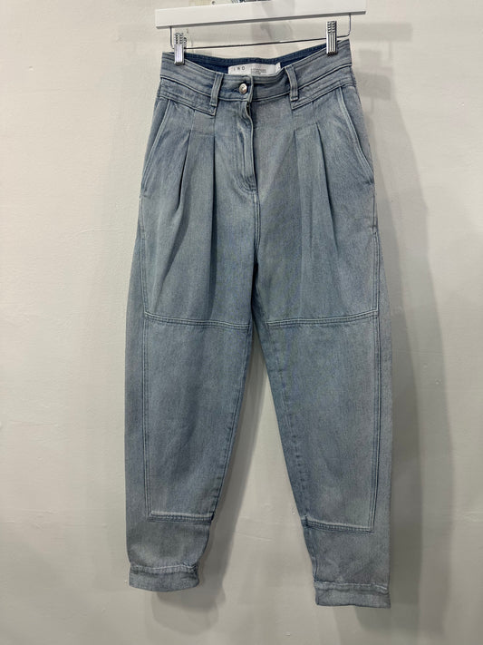 Iro Paris Cotton Denim Girvan Pleated High Rise Tapered Jeans Blue Size 34