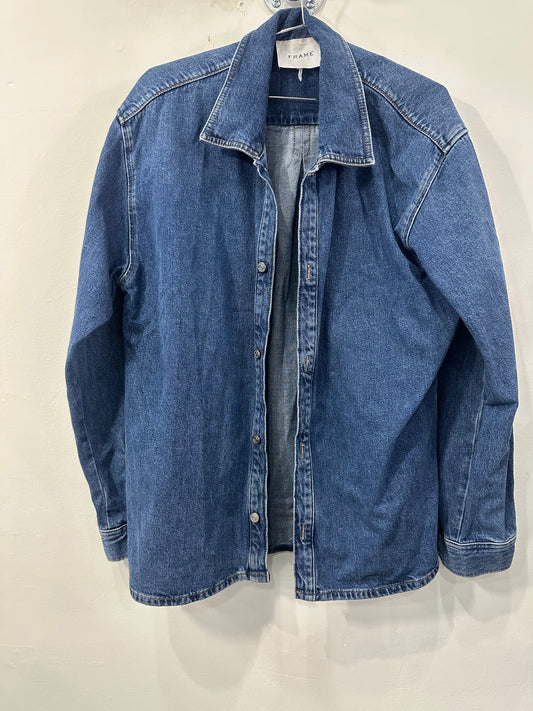Frame Cotton Denim Button Up Collared Long Sleeve Shirt Blue Size L