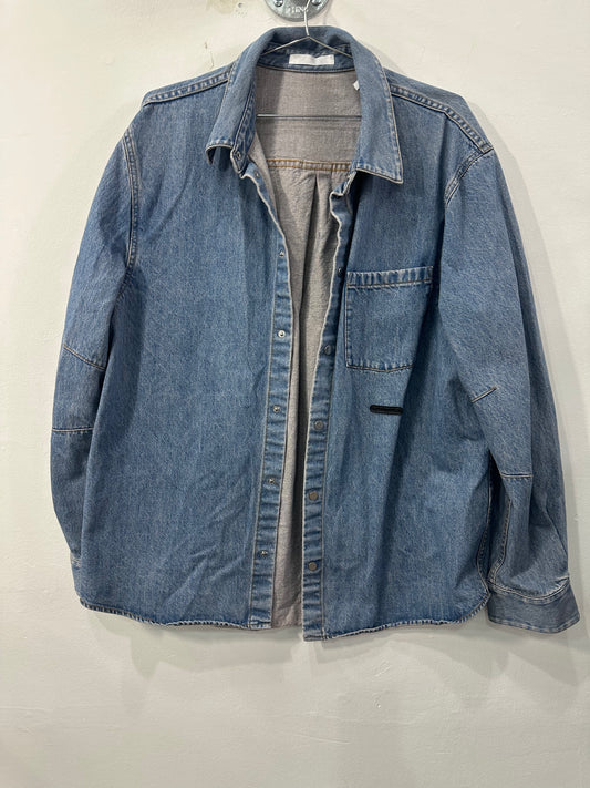 Helmut Lang Cotton Denim Logo Long Sleeve Collared Shirt Blue Women's Size L