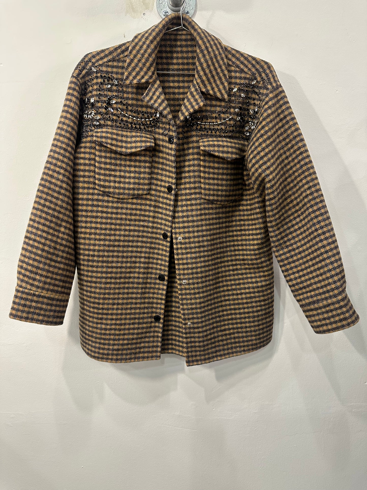 Sandro Paris Wool Blend Plaid Brodan Beaded Check Blazer Jacket Brown Size 36