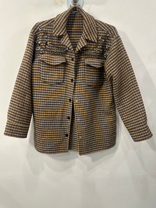 Sandro Paris Wool Blend Plaid Brodan Beaded Check Blazer Jacket Brown Size 36