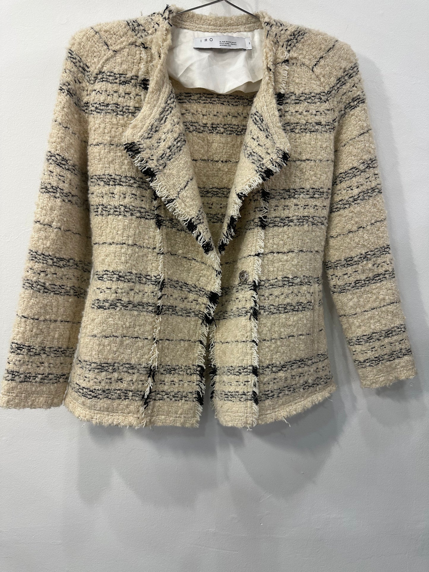 Iro Paris Wool Blend Nine Frayed Bouclé-Tweed Jacket Beige Size 34