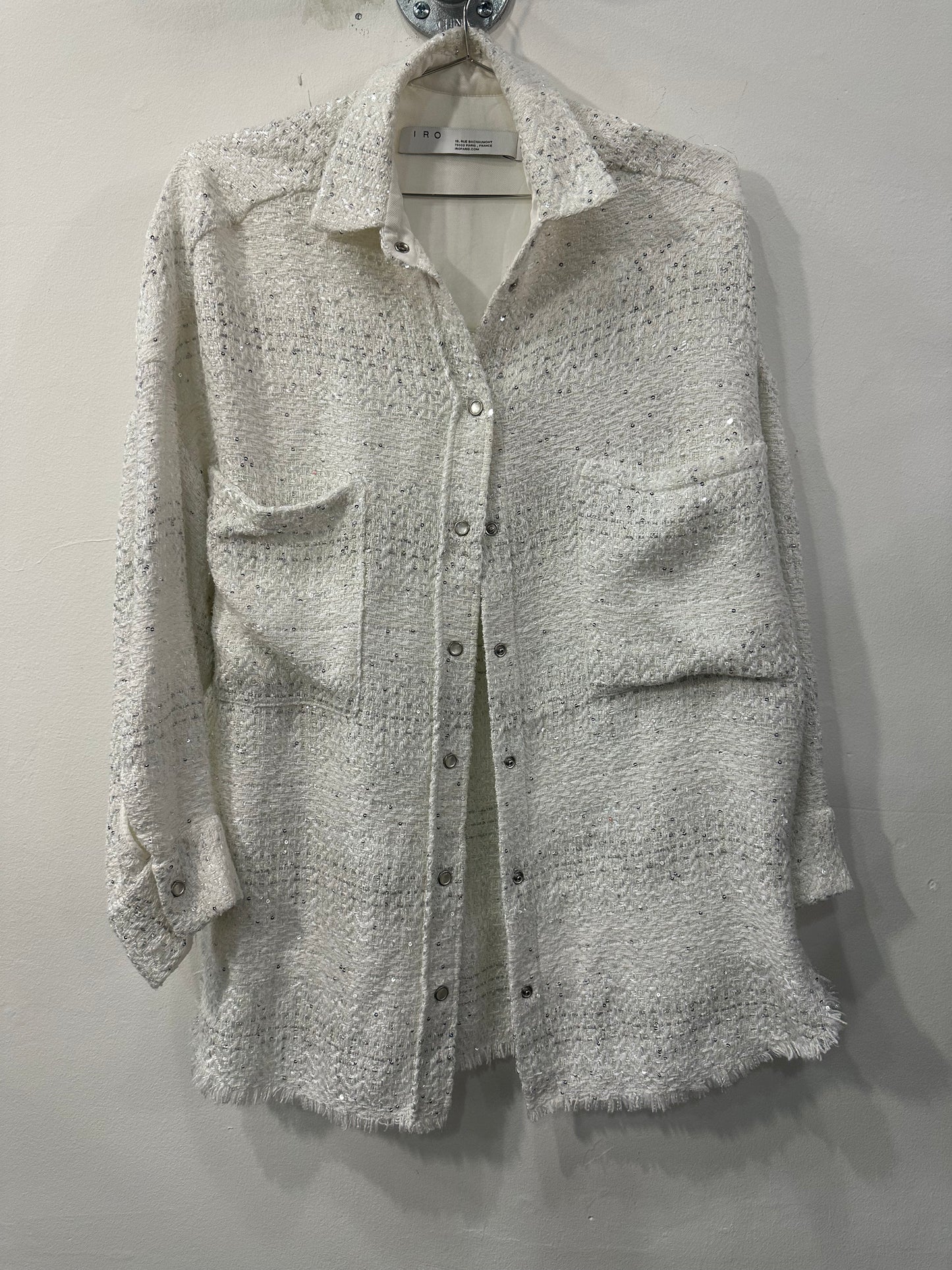 Iro Paris Cotton Blend Sequined Metallic Tweed Glenac Frayed Shirt White Size 34