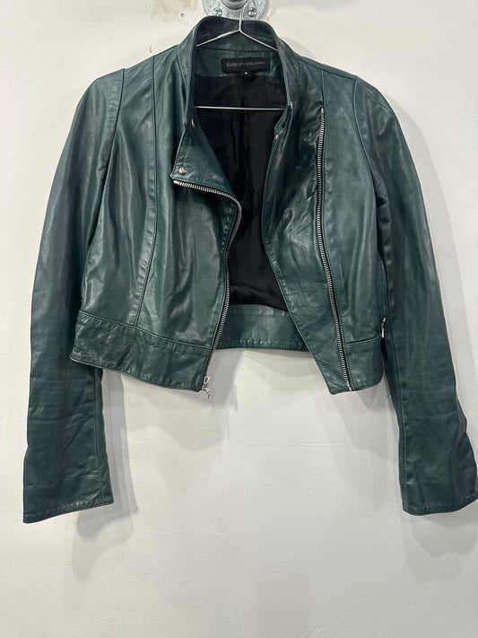 Elise Øverland Leather Front Zip Long Sleeve Cropped Biker Jacket Green Size 4