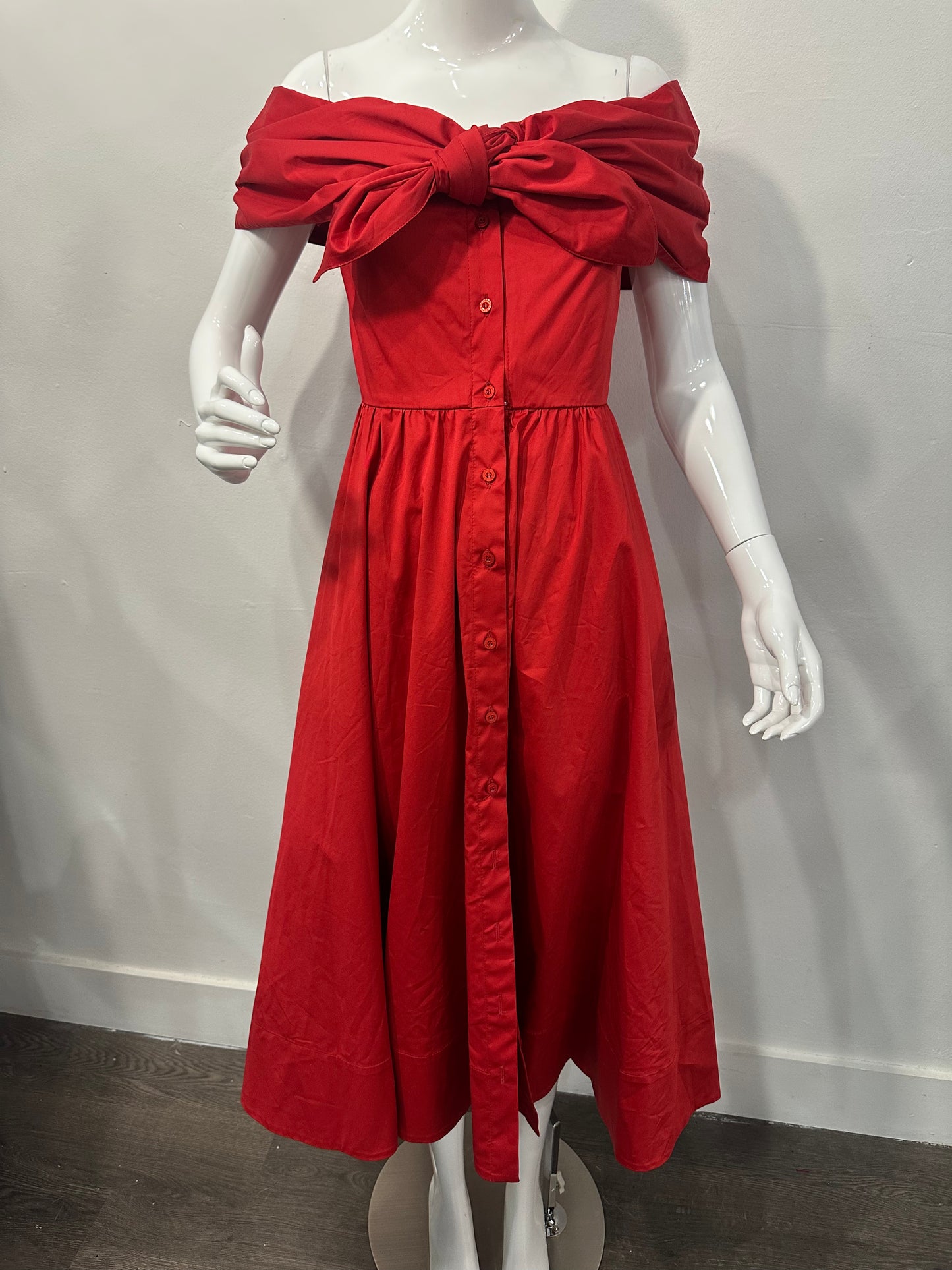 Oscar De La Renta Cotton Blend Big Bowrunaway Off Shoulder Midi Dress Red