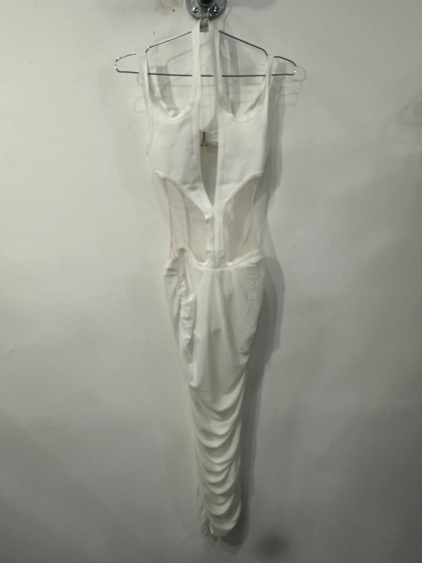 Sexy Cutout Ruched Mesh Midi Bandage Dress White Size S