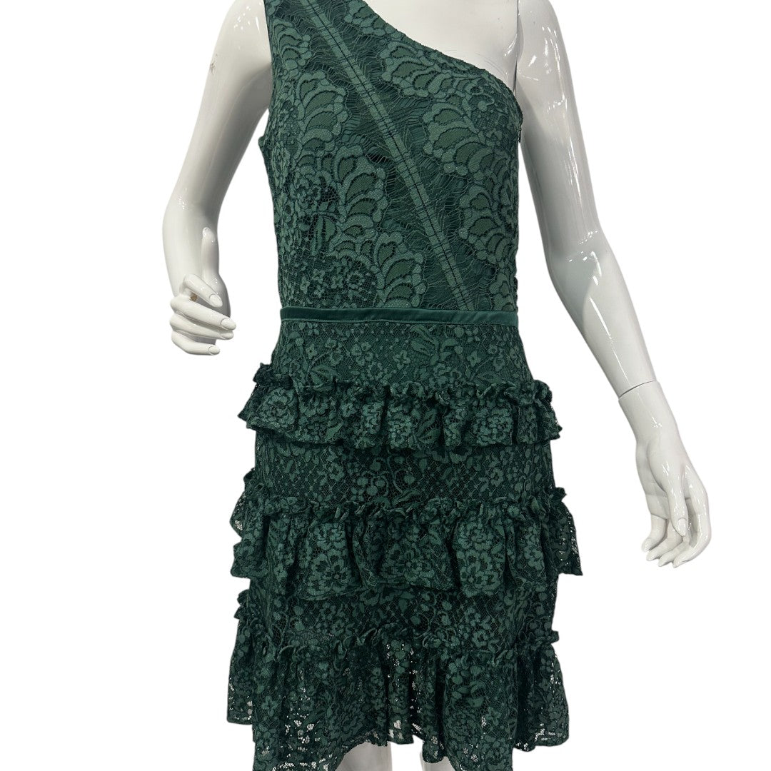 Custom Green ONe-Shoulder TIered Lace MIni dress