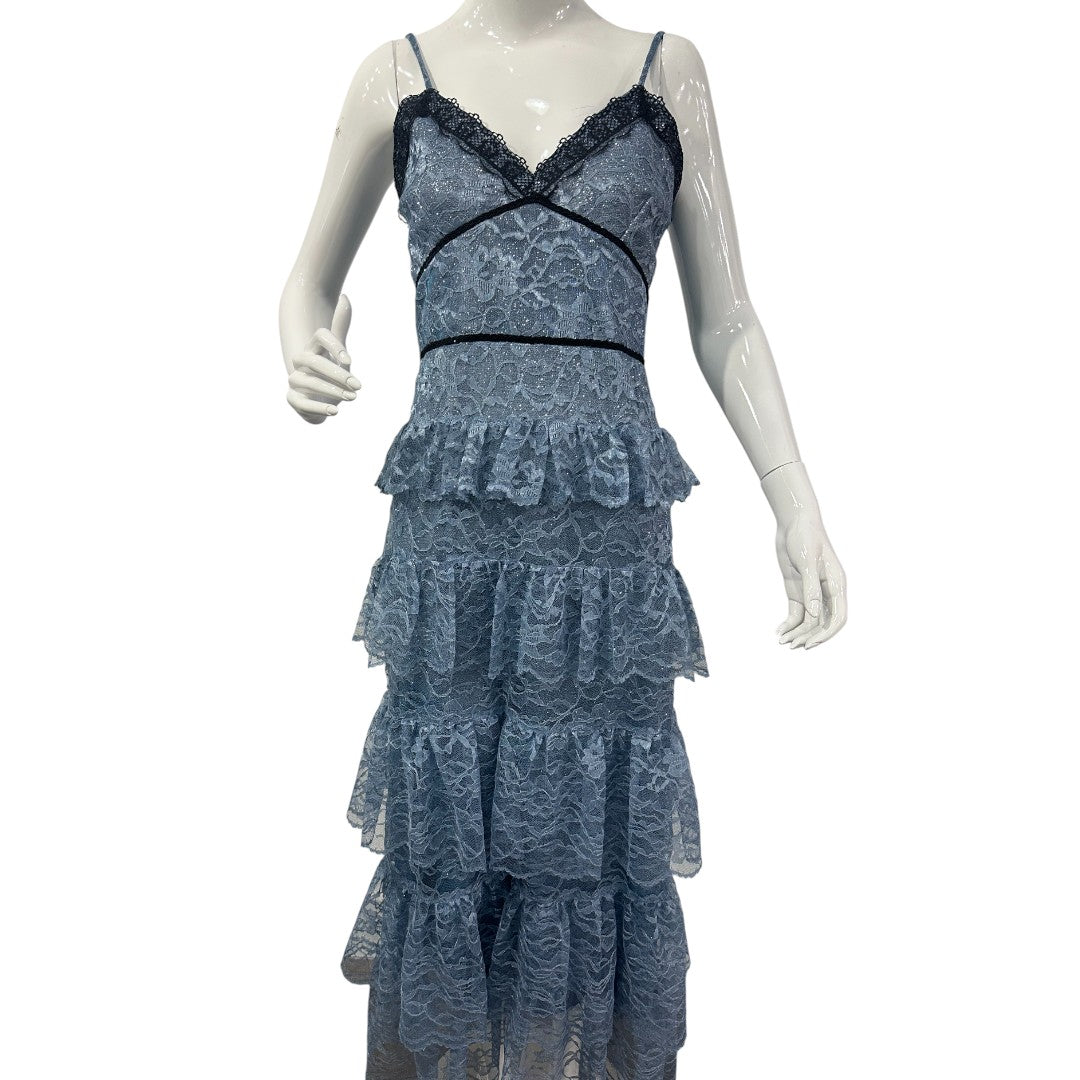 Custom Blue Mid-Length Tiered LAce Dress with Camisole-Style Top